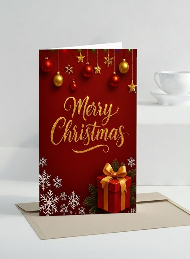 MAKEPHOTOGIFTS بطاقة معايدة عيد ميلاد مجيد - مقاس A5 (8.3 × 5.8 بوصة) | تصميم احتفالي فاخر باللونين الأحمر والذهبي مع ظرف | رسم توضيحي لشجرة عيد الميلاد وعلبة هدايا | بطاقة تهنئة بالعيد للعائلة والأصدقاء وهدايا المكتب - Image 1